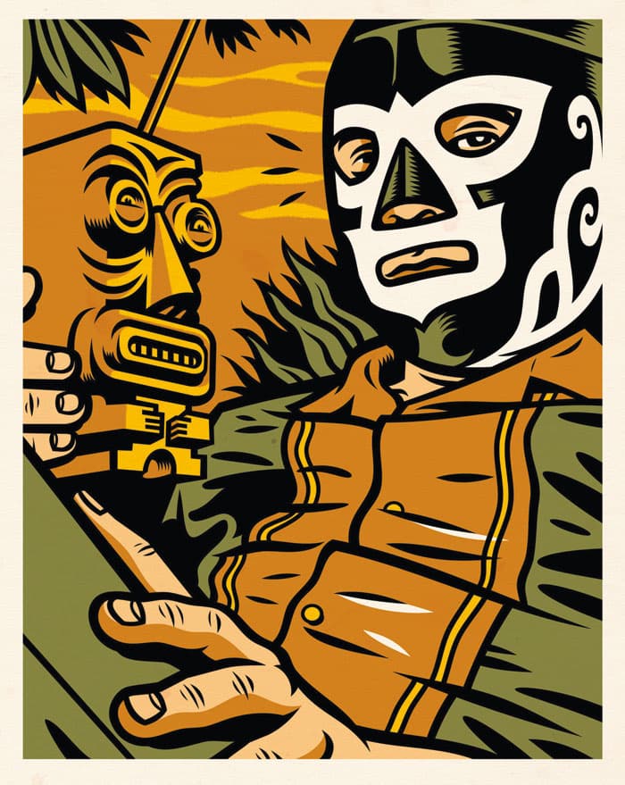 <b>Acapulco Tiki.</b> Un clásico de su obra: la imagen del luchador con una tiki mug (
<a href="http://www.jorgealderete.com/tiki-mugs/">Kreepy tikimug</a>) que también es un diseño de Alderete.