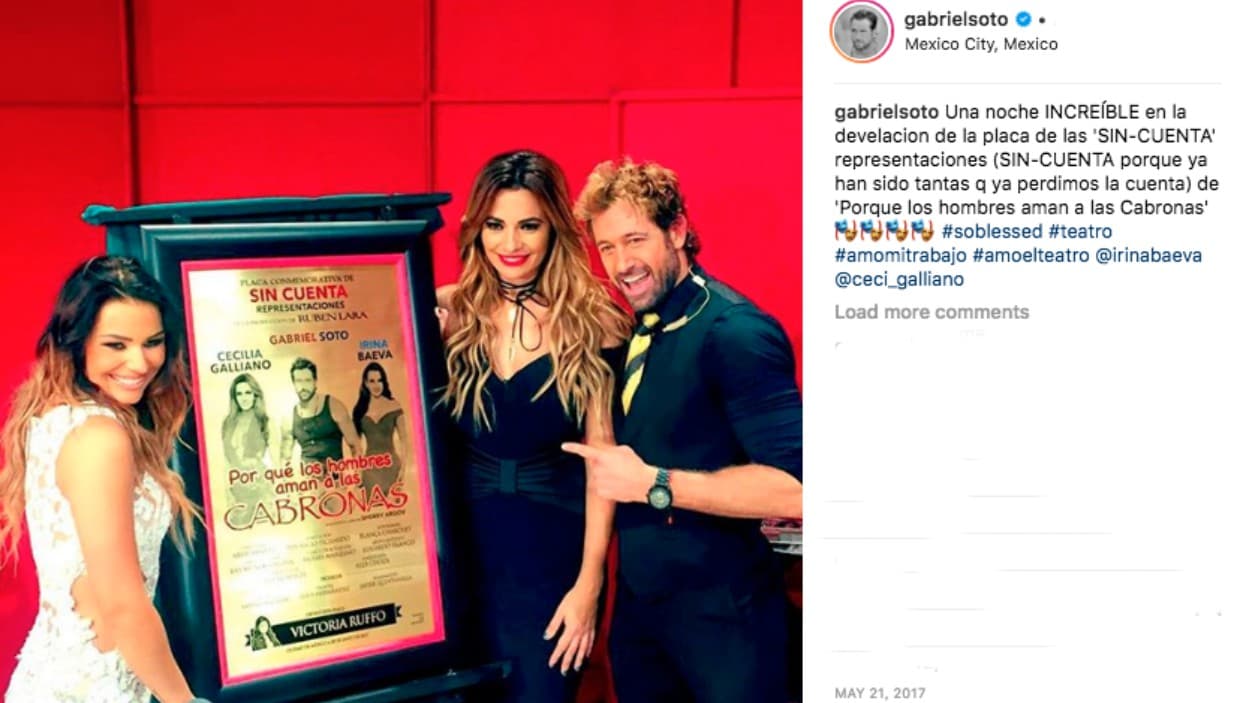 <b>2017 - La noche en que todo cambió</b>
<br>
<br>Gabriel Soto ha dicho que su matrimonio se lesionó de gravedad con los rumores que le adjudicaban ser el verdadero padre del hijo de Marjorie de Sousa y Julián Gil. Sin embargo, 
<b><a href="https://www.univision.com/famosos/queria-lastimarme-geraldine-bazan-relata-como-interpreto-las-miradas-y-mensajes-de-irina-baeva-fotos">Geraldine Bazán dijo que la primera vez que notó algo raro</a></b> entre su entonces marido y la actriz Irina Baeva fue 
<b>el 20 de mayo de 2017</b>. Ella acudió a ver la obra 'Por qué los hombres aman a las cabronas', que celebraba sus 50 representaciones, cuando su intuición se activó. Fue tras bastidores con su marido, saludó al resto del elenco, pero cuando tuvo de frente a la actriz rusa "noté una actitud diferente, una actitud rara, hostil, cuando alguien no te mira a los ojos. Esas actitudes que nosotras como mujeres intuimos y sentimos. Fue tal la actitud que sentí (...) que tuve que preguntarle al padre de mis hijas si había algo entre ellos, porque era muy raro que ella se comportara así conmigo”.