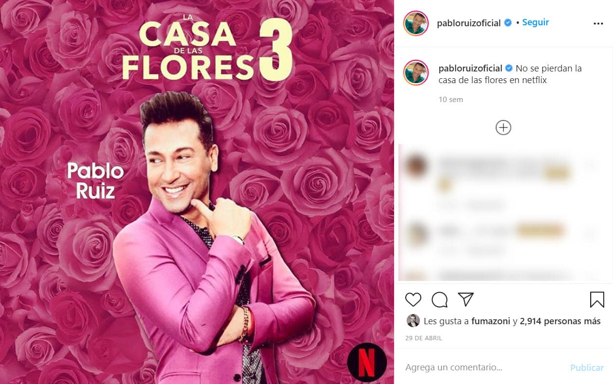 Actualmente Pablo Ruiz 
<b>continúa su carrera como cantante </b>con presentaciones en distintos países. En 2019 tuvo una pequeña participación en la temporada final de la serie de Netflix 'La casa de las Flores'. 
<br>