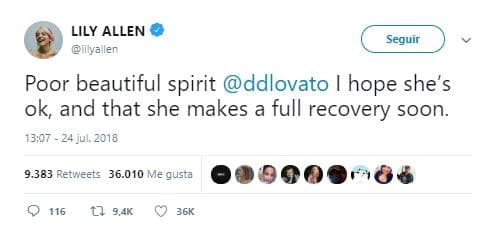 La cantante británica Lily Allen, publicó: "Pobre maravilloso espíritu. Espero que Demi esté bien y que se recupere completamente pronto".