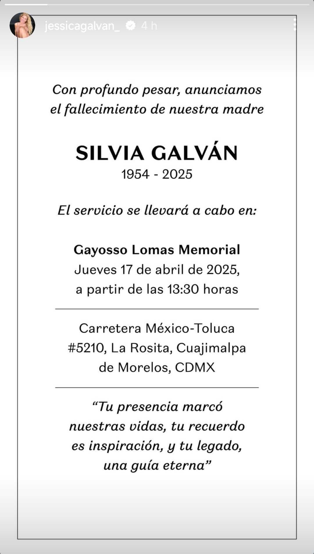 Jessica Galván, hija de Silvia Galván, publicó información sobre el velorio de su famosa madre.