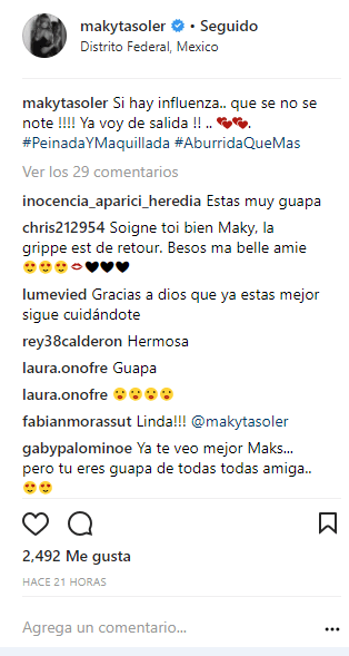 En dicha publicación se puede leer: "Si hay influenza, ¡que no se note! ¡Ya voy de salida! Peinada y maquillada, aburrida que más".