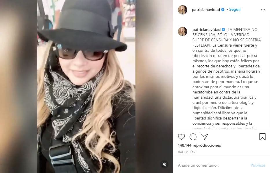 Al día siguiente, el sábado 9 de enero, usó Instagram para quejarse de haber sido censurada: "La mentira no se censura, solo la verdad sufre de censura y no se debería festejar". También habló de que al mundo le depara "una dictadura tiránica y cruel por medio de la tecnología y digitalización".