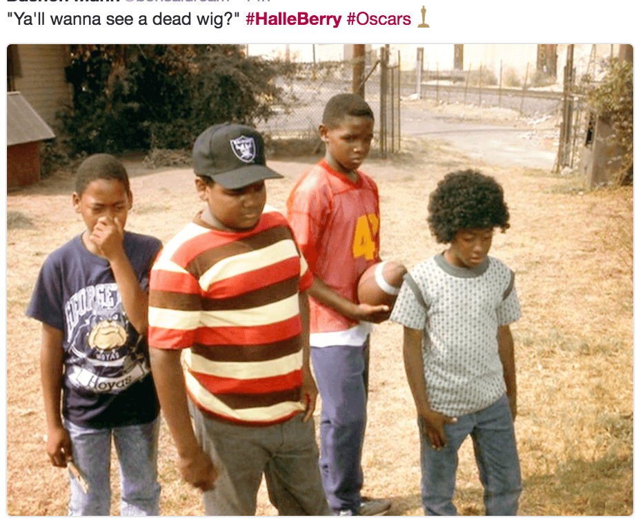 "¿Quieres ver una peluca muerta?" se preguntan estos chicos, apuntando a la de Halle Berry en los Oscar 2017.