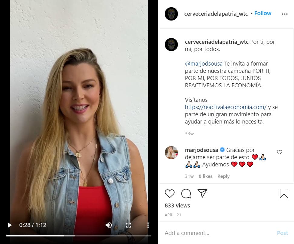 En abril de 2020, Marjorie de Sousa se unió a la campaña altruista, así como otros famosos, entre ellos Yolanda Andrade, Julio Camejo, Eric del Castillo y Marlene Favela, solo por mencionar algunos.
<br>