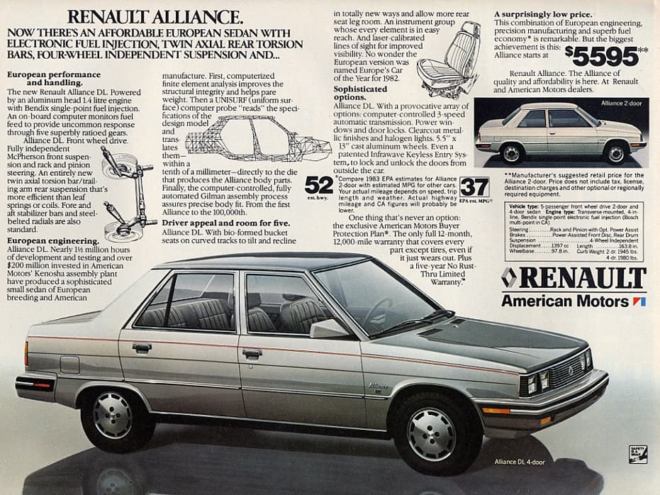 9. 
<b>Renault Alliance 1983-1987</b>: El Alliance era la versión del Renault 9 para el mercado estadounidense, lamentablemente algo se perdió en la traducción. Su pequeño 4 cilindros de sólo 60 caballos de fuerza no era adecuado para las autopistas de EEUU y 
<b>su mala calidad arrasó con su valor de reventa</b>. El pobre Alliance fue sumariamente sacrificado cuando Chrysler tomó control de AMC de manos de Renault en 1987.