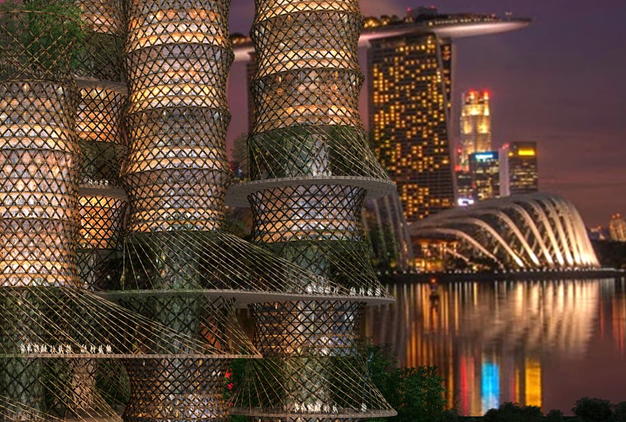 La idea (sobre el papel) de la firma CRG Architecture Consultants está inspirada en los bosques de bambú y las características estructurales y sostenibles que ofrece esta caña. Algunas especies llegan a ser más fuertes y duras que el roble en tan solo cinco años.