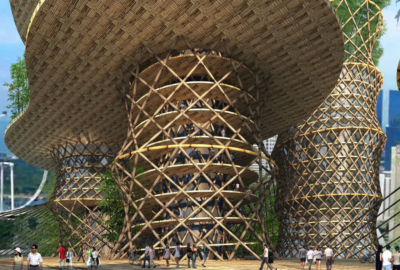 Según CRG Architects, la estructura estaría formada principalmente por cañas entrecruzadas, unidas por estructuras de acero inoxidable. También se usaría ETFE (un polímero de alta resistencia al calor, la corrosión y los rayos UV) para la fachada.