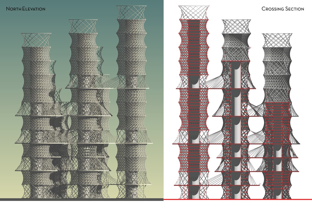 Las plataformas conectoras serían espacios comunitarios. Se accederían en bicicleta por una rampa helicoidal alrededor de la torre central. Para sus creadores, este diseño ofrece una ‘perfecta’ exposición al sol para todas las torres y las mejores vistas.