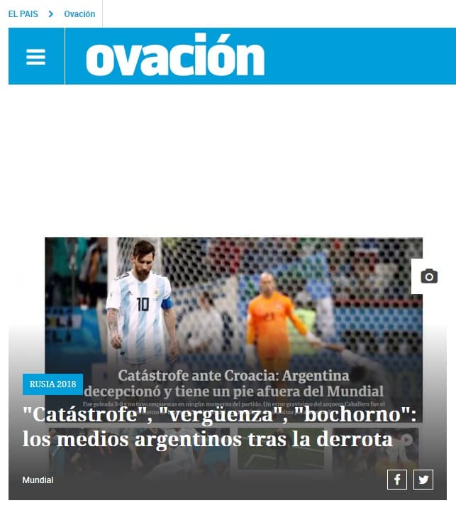 Ovación (Uruguay) fue contundente subrayando tres aspectos que predominaron en los medios argentino: "Catástrofe", "vergüenza" y "bochorno".