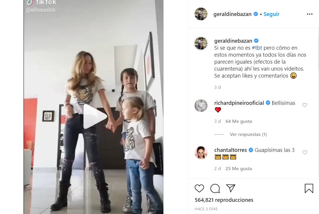 Y confesó que comienza a padecer los "efectos de la cuarentena" al hacer un 'Throwback Thursday' (jueves de retroceso) en pleno martes: "Sí, sé que no es #tbt, pero cómo en estos momentos 
<b>ya todos los días nos parecen iguales (efectos de la cuarentena)</b>, ahí les van unos videítos".
<br> 
<br> 
<br>