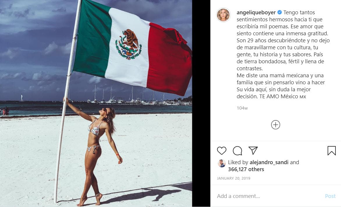 El amor que siente por México lo ha expresado en otras ocasiones. En enero de 2019, publicó esta foto con un mensaje en el que confesó que no deja de "maravillarse" con la cultura del país que la vio crecer: "Me diste una mamá mexicana y una familia que sin pensarlo vino a hacer su vida aquí, sin duda la mejor decisión. 
<b><a href="https://www.instagram.com/p/Bs3tkWsFJMk/?igshid=19uhg6s10tg8t" target="_blank">Te amo, México</a></b>".