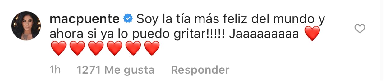 La noticia provocó reacciones de algunos famosos quienes dejaron mensajes de felicitación a Anahí. Marichelo, su hermana, le escribió: "¡Soy la tía más feliz del mundo y ahora sí
<b>ya lo puedo gritar</b>!".