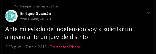 Enseguida, el 
<b><a href="https://www.univision.com/famosos/enrique-guzman-asegura-que-alejandra-no-logra-reconciliarse-con-su-hija-porque-a-frida-sofia-se-le-van-las-patas-fotos" target="_blank">papá de Alejandra Guzmán</a></b> escribió: "Ante mi estado de indefensión voy a
<b> <a href="https://twitter.com/enriqueguzman/status/1192537982839881728" target="_blank">solicitar un amparo</a></b> ante un juez de distrito".
