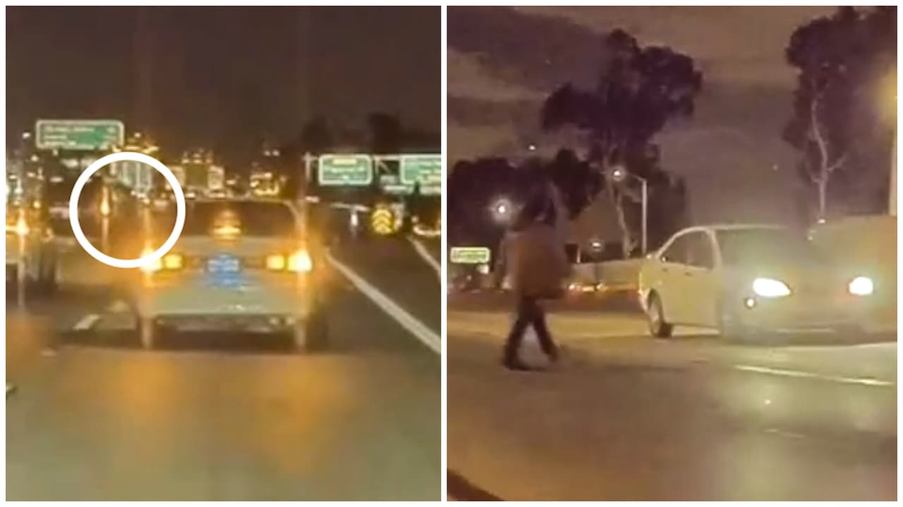 La cámara de un Tesla captó a una peatona que esquivó la muerte por instantes al cruzar la autopista 5 de Los Ángeles
