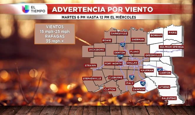 La advertencia por viento es para varios condados en el norte de Texas incluyendo los condados de Dallas, Tarrant, Collin, Denton, Ellis, y Johnson.