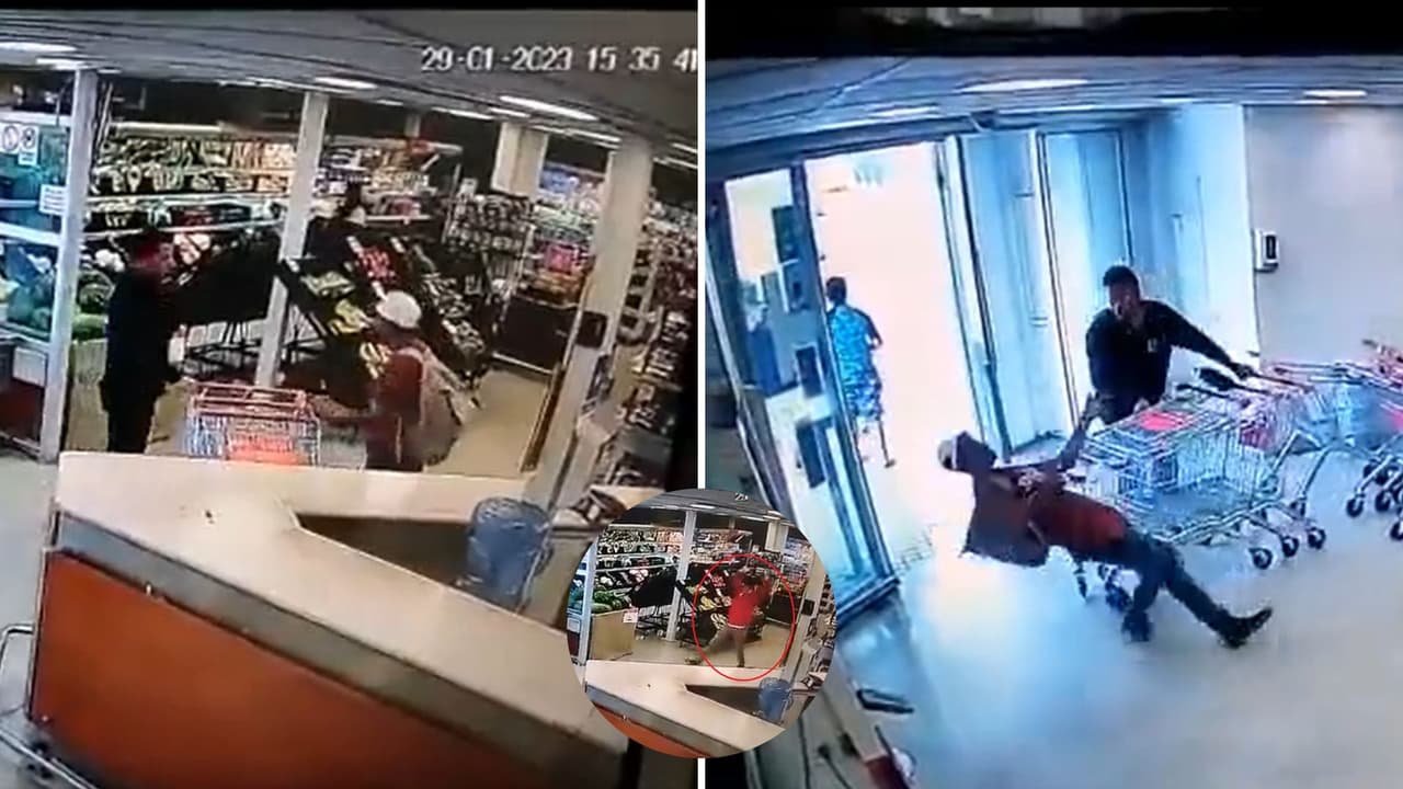 Empleado detiene a ladrón lanzándole una botella de refresco.