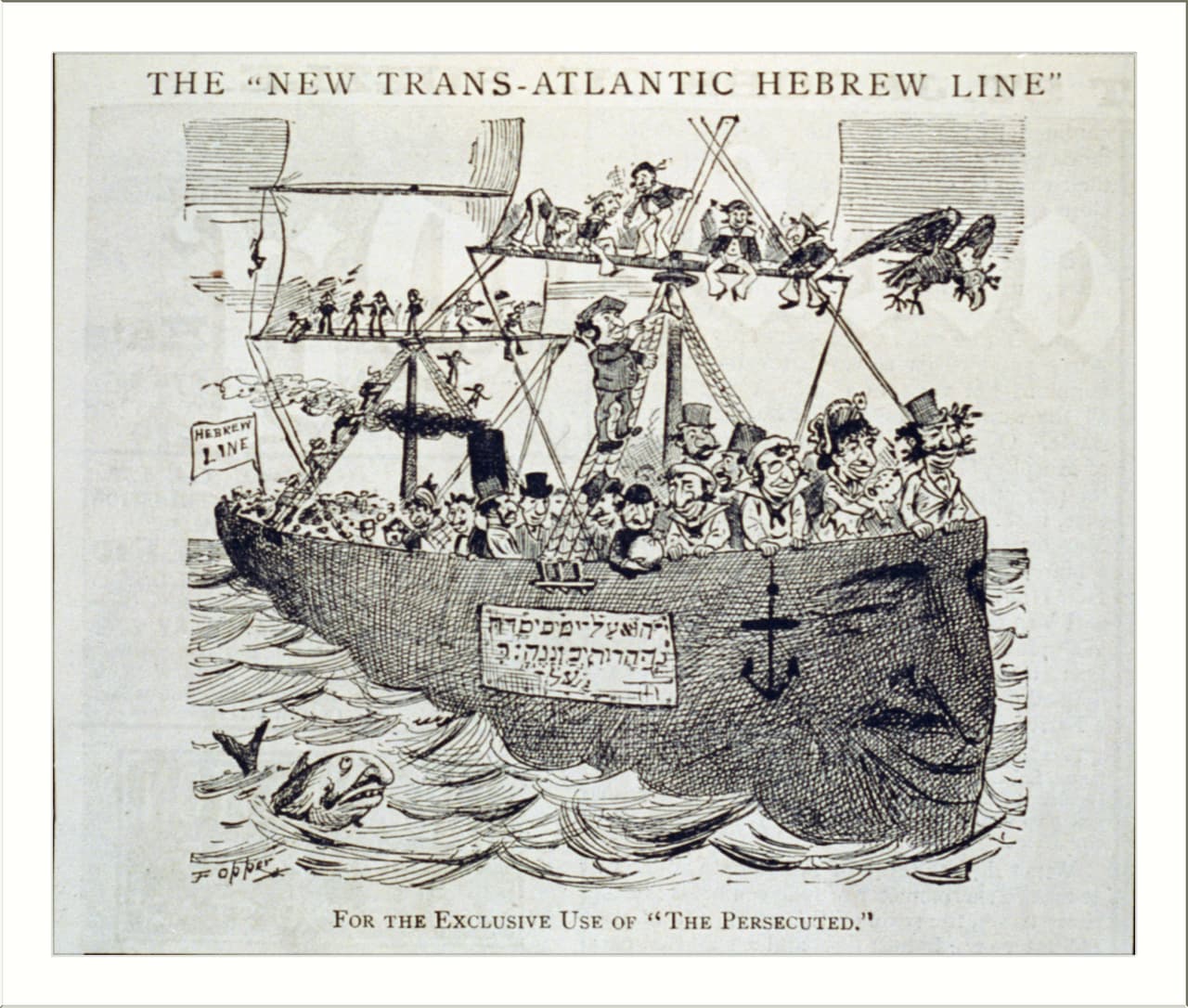 Publicada en 1881 en la revista Puck, esta caricatura muestra un barco repleto de inmigrantes judíos. 
<b>Tanto la nave como los pájaros y los peces aparecen retratados con una nariz prominente</b>, como la que el imaginario popular tradicionalmente ha atribuido a la fisionomía judía. A finales del siglo XIX y principios del siglo XX el sentimiento antiinmigrante se dirigía, además de a los chinos, a los judíos europeos, que en ocasiones huían de los pogromos (linchamientos multitudinarios) y la violencia antisemita que sufrían en países del este del continente, como Rusia y Polonia.