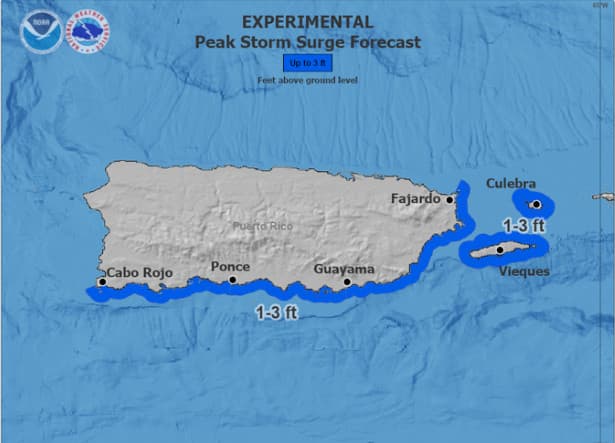 Zonas de la costa de Puerto Rico que pueden ver penetraciones del mar de hasta 3 pies, según el NWS.
