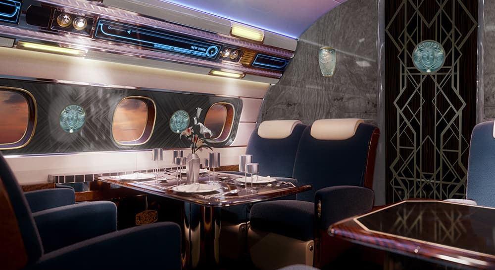 El Salón Cristal, ubicado al fondo de la aeronave, es un espacio donde seis pasajeros pueden comer a todo lujo.