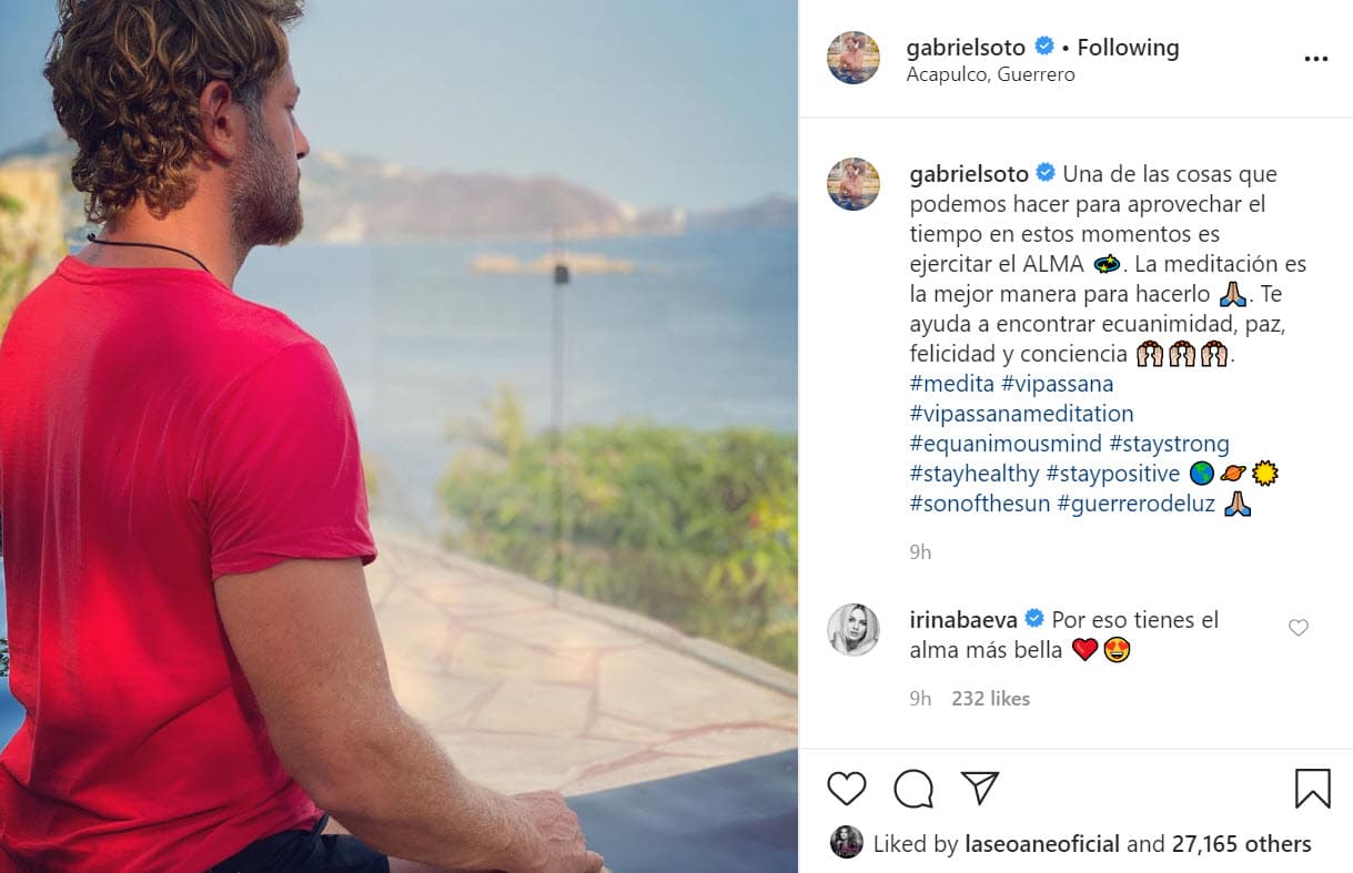 Soto realizó 
<b><a href="https://www.instagram.com/p/B_tmcxkjq-G/" target="_blank">una meditación</a></b> para tratar de "ejercitar el alma": "Una de las cosas que podemos hacer para aprovechar el tiempo en estos momentos es ejercitar el alma". 
<br>