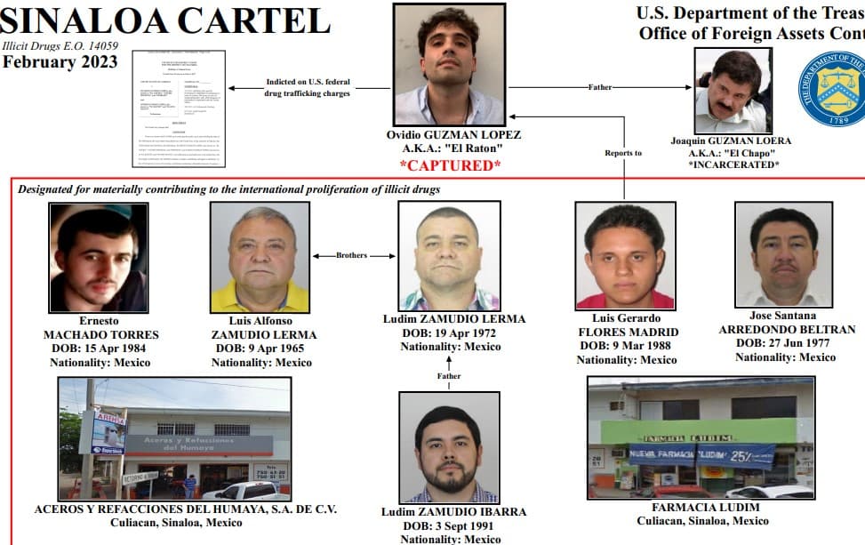 Organigrama de la célula que provee precursores químicos al narcotraficante Ovidio Guzmán López, según el gobierno de Estados Unidos.