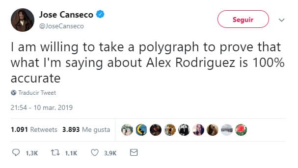 Tras los comentarios de incredulidad de sus seguidores, Canseco quiso demostrar que dice la verdad: "Estoy dispuesto a hacer la prueba del polígrafo para demostrar que lo que estoy diciendo sobre Alex Rodríguez es cien por ciento real".