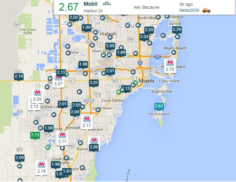 Precios de la gasolina en diferentes estaciones en Miami Dade, de este lunes 28 de marzo.