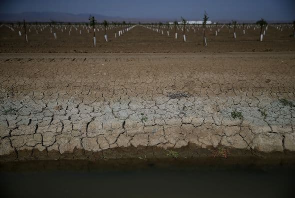 Tierra cuarteada en las proximidades de un canal de agua a finales de abril en Firebaugh. 