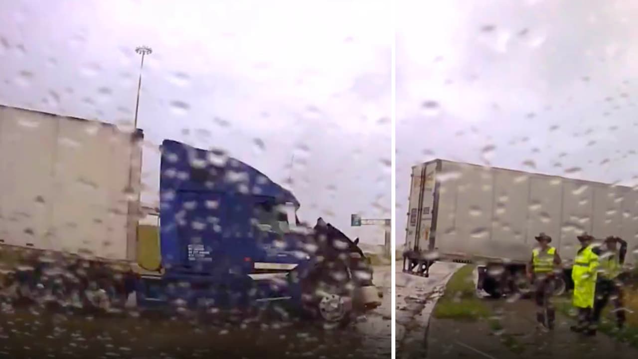 Camión de carga fuera de control por poco arrolla a tres oficiales en una carretera de Texas