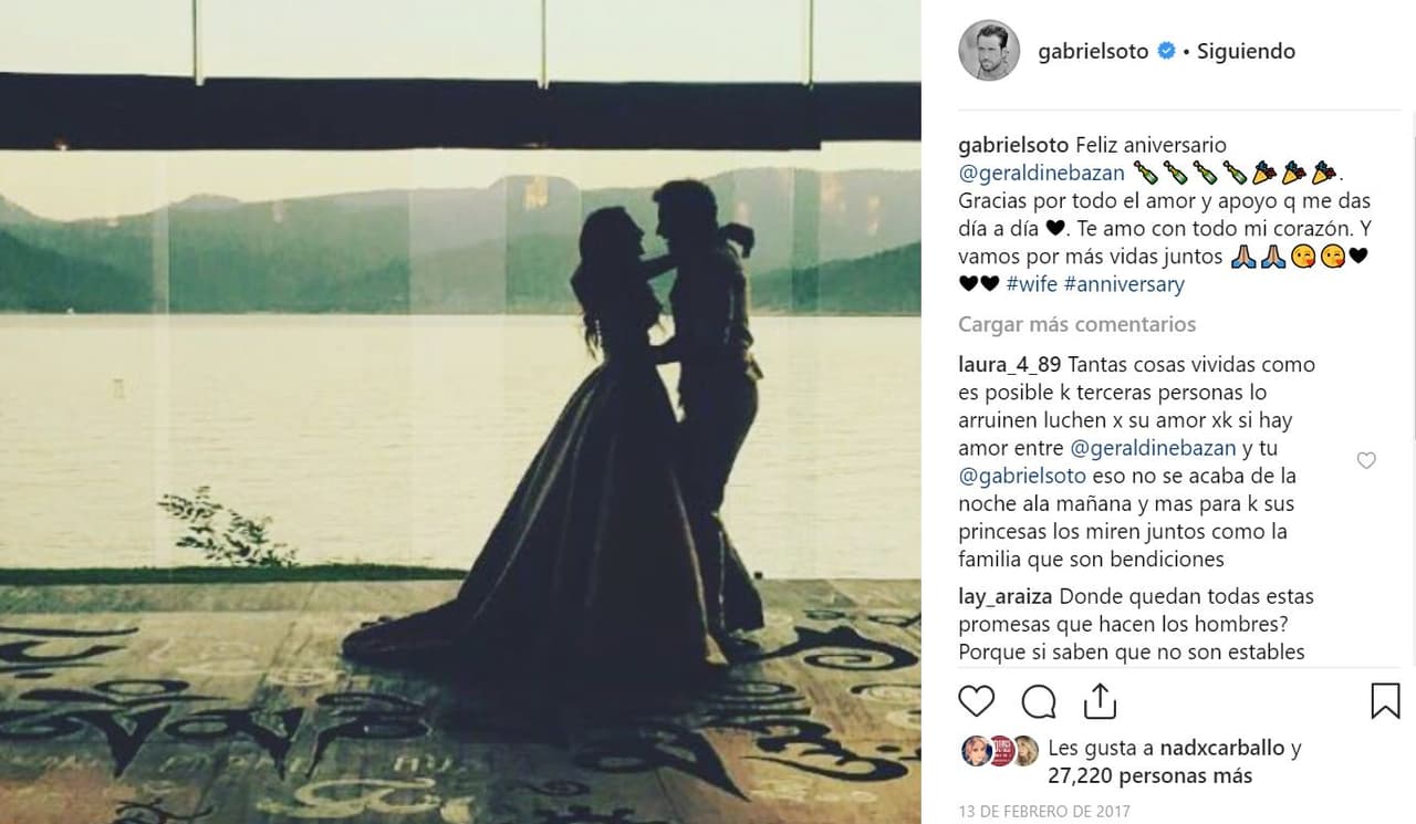 Por su parte, Gabriel Soto, en su primer aniversario de casados agradecía todo el apoyo que le daba su esposa. “Te amo con todo mi corazón y 
<b>vamos por más vidas juntos</b>”, escribía el actor.