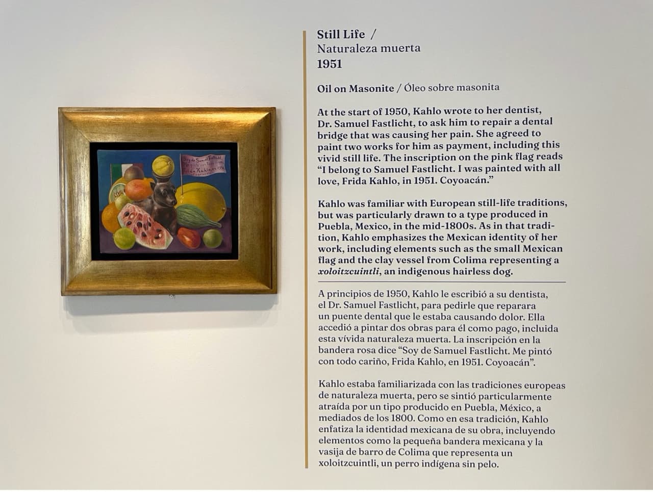 Esta pintura, Naturaleza Muerta, fue hecha como forma de pago para el dentista que reparó un puente dental de la artista.
<br>
<br>