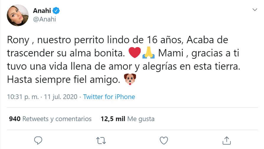"Mami, gracias a ti tuvo una vida llena de amor y alegrías en esta tierra. 
<b>Hasta siempre fiel amigo</b>", agregó.
<br>