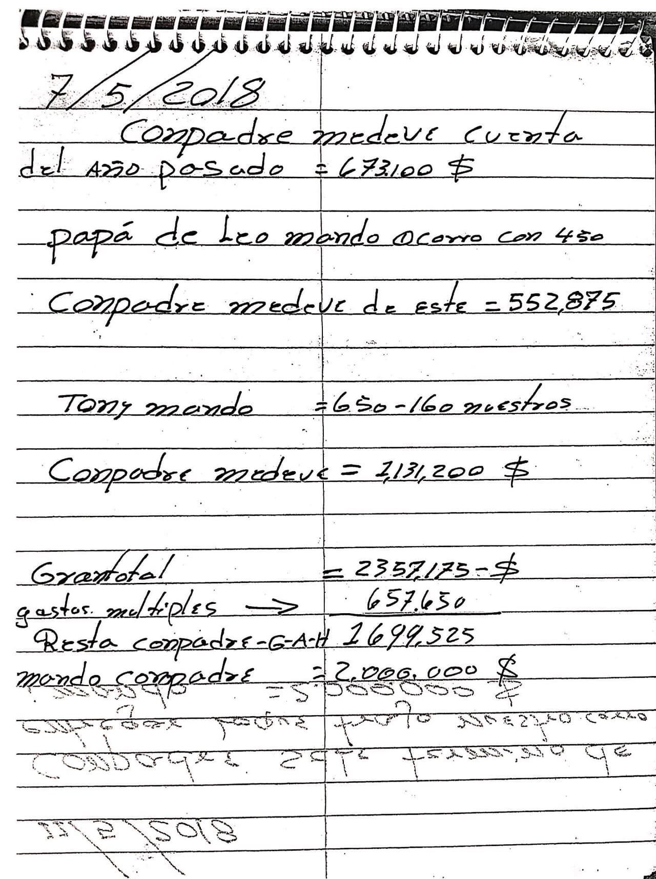 A page from the supposed drug ledger seized in Honduras that mentions 'Tony'. Univision obtained a copy of the notes, contained in 11 notebooks, with a total of 350 pages.