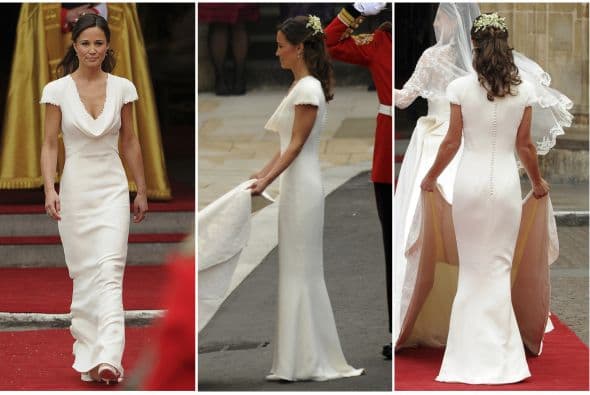 Su vestido blanco, diseñado por Sarah Burton para Alexander McQueen, la ayudó a lucir su figura. A los pocos minutos de su entrada, las redes sociales explotaron en alabanzas a Pippa.