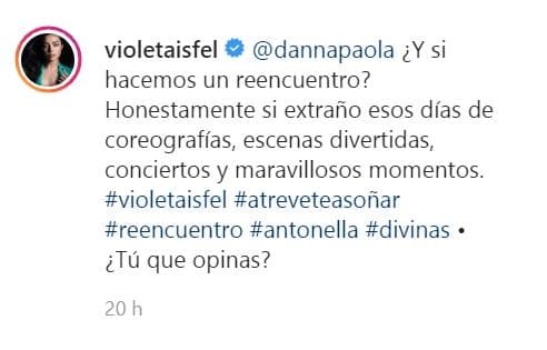 De esta manera, la actriz de 34 años de edad evidenció que le gustaría un reencuentro con sus excompañeros de 'Atrévete a soñar'.
<br>