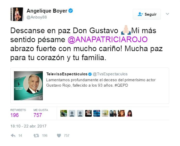 <a href="http://www.univision.com/temas/angelique-boyer"><b>Angelique Boyer</b> </a>tambuén se sumó a las condolencias para la familia del actor y escribió "Descabse en paz Don Gustavo. ¡Mi más sentido pésame @ANAPATRICIAROJO abrazo fuerte con mucho cariño! Mucha paz para tu corazón y familia".
