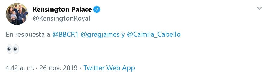 La reacci贸n del
<b><a href="https://www.univision.com/famosos/william-y-kate-evitan-las-criticas-de-las-que-fueron-objeto-harry-y-meghan-y-optan-por-viajar-en-vuelo-comercial-fotos" target="_blank">pr铆ncipe William y Middleton</a></b> ante lo dicho por Cabello fue con el emoticono de los
<b>ojos bien abiertos. </b>
<br>