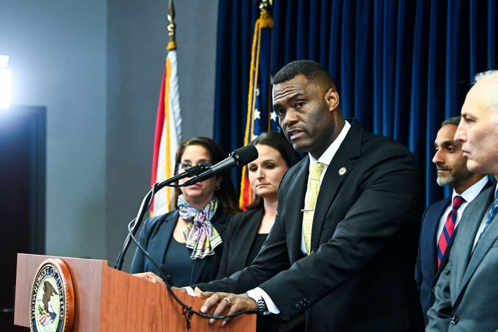 US Attorney Markenzy Lapointe speaks during a press conference at the US Attorney's Office for the Southern District of Florida in Miami, Florida on February 14, 2023.