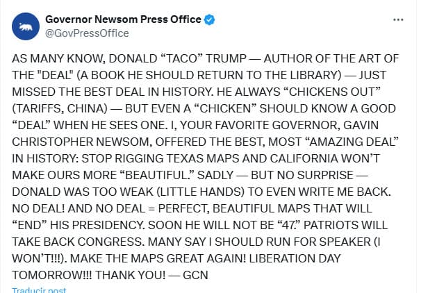 Tuit de la oficina del gobernador Gavin Newsom.