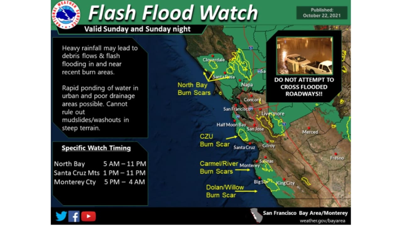Zonas de incendios del 2020 están bajo vigilancia de las autoridades ante riesgos de inundaciones. Se prevén inundaciones urbanas y de pequeños arroyos a medida que una banda de fuertes lluvias se descarga el domingo por la tarde y la noche.