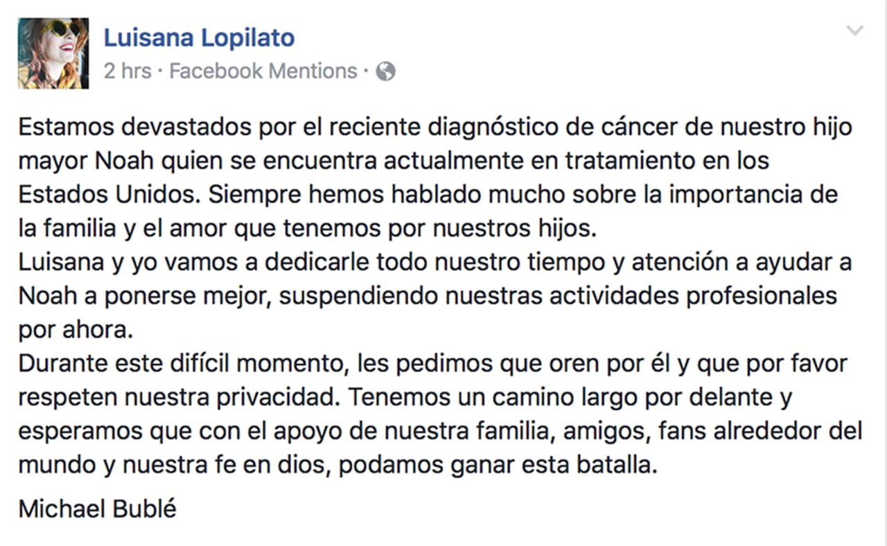 Este es el comunicado que publicaron en la cuenta de Facebook de Luisana.