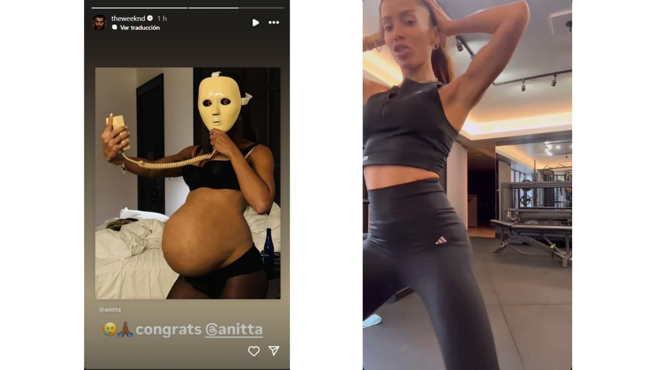 A la izquierda se puede ver la felicitación de The Weeknd / A la derecha se puede ver a la cantante entrenando sin su 'baby bump'.