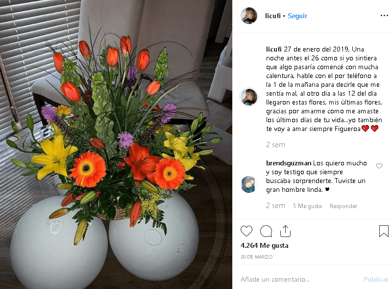 “Hablé con él por teléfono a la una de la mañana para decirle que me sentía mal. Al otro día, a las 12 del día, 
<b>llegaron estas flores, mis últimas flores.</b> Gracias por amarme como me amaste los últimos días de tu vida”.