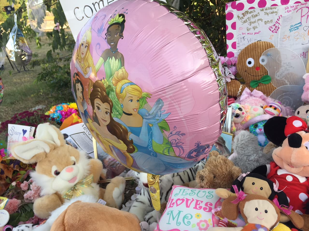 En un globo con dibujos de las princesas de Disney, una familia escribió "por tu retorno seguro, Sherin".