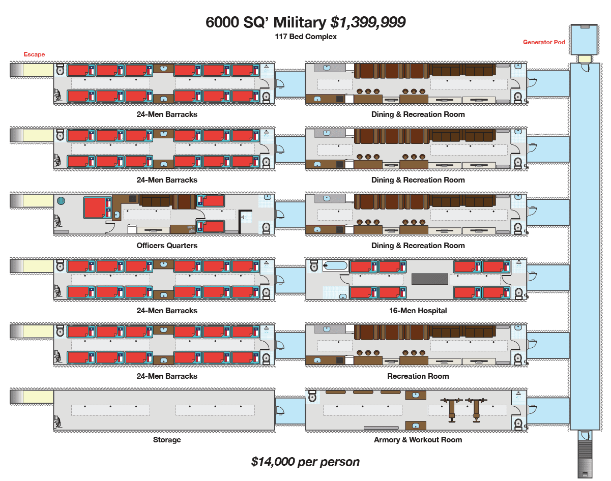 El más grande que fabrican es el de 6,000 pies cuadrados, de tipo militar y con capacidad para 117 camas y áreas de descanso y recreación, todo un complejo subterráneo habitable.