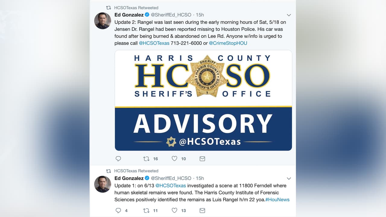 El sheriff del condado Harris, Ed González, informó el martes 18 de junio que los restos hallados corresponden a los de
<a href="https://www.univision.com/local/houston-kxln/craneo-hallado-por-un-perro-al-noreste-de-houston-es-el-de-un-hispano-reportado-como-desaparecido">Luis Rangel</a>.