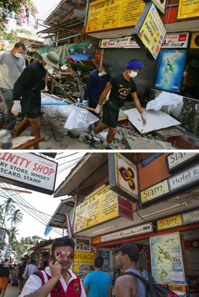El 28 de diciembre de 2004, los equipos de rescate trasladaban los cuerpos encontrados en la isla Phi Phi en Tailandia. Ahora, esa calle es una de las más concurridas y no hay rastro de lo sucedido 10 años atrás.