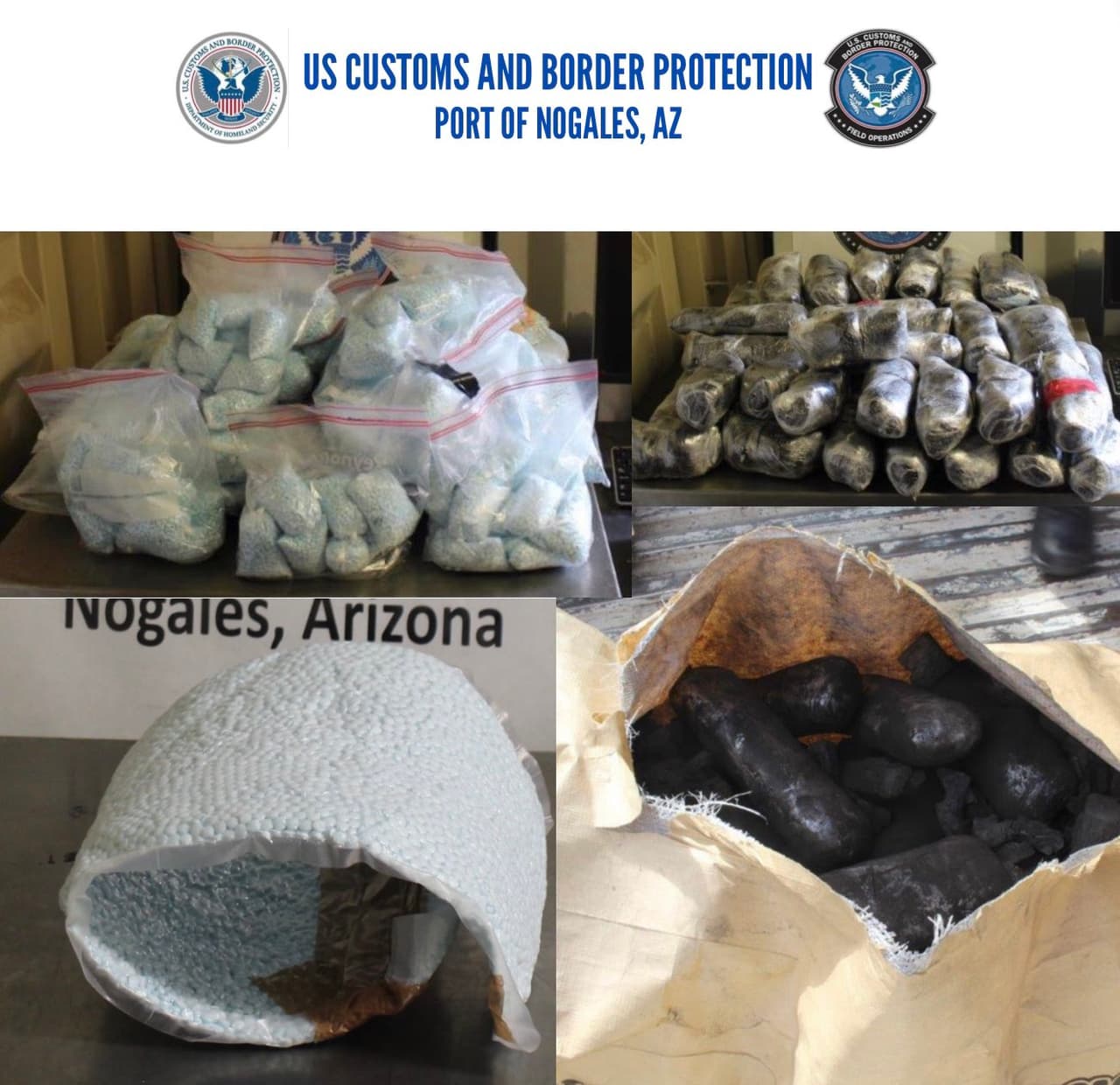 También, agentes de CBP incautaron en seis días cinco cargamentos, con alrededor de 802,600 pastillas de fentanilo, 5.25 libras de metanfetamina, 6.24 de cocaína y 1.62 libras de heroína. Todas las drogas, ocultas por diversos métodos.