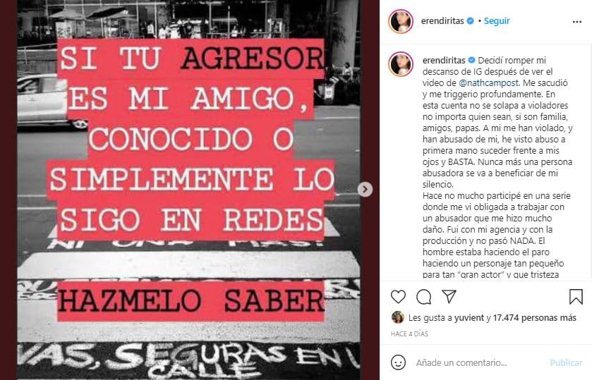 Tras las declaraciones de la 'youtuber', Eréndira Ibarra, hija del productor Epigmenio Ibarra, y actriz de la telenovela 'Señorita Pólvora', denunció en Instagram un capítulo de violencia en el que se vio obligada a trabajar "con un abusador que me hizo mucho daño".